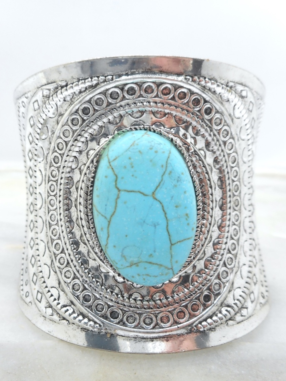 Natural Stone Silver Cuff Bracelet 3"H